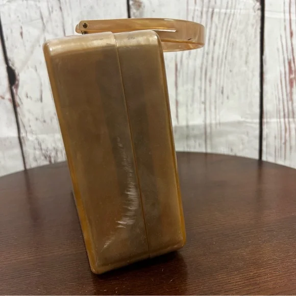 Retro Vintage Taupe Acrylic Box Bag with Gold Filigree - Picture 7 of 13